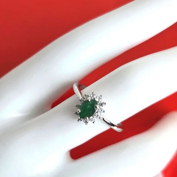 925 Sterling Silver Ring with Natural Oval Emerald 3.5x6mm & CZ - Picture 8 of 12